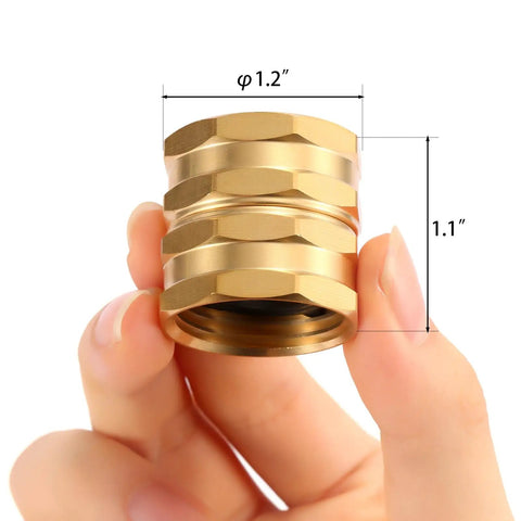 Close-up of Two Pack Double Female Brass Garden Hose Adapters Three Quarter Inch Connectors With Four Extra Washers