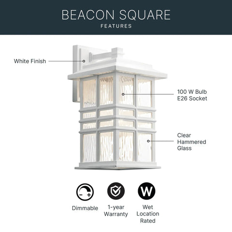 Beacon Square Outdoor Wall Light In White 1 Light Exterior Sconce With Clear Hammered Glass Craftsman Style, side view