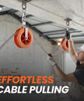 Two Pack Heavy Duty Cable Pulley Featuring A 360 Degree Swivel Ring And Anti Friction Bearing For Smooth As Butter Operation With Rust Resistant Bracket Chamfered Edges Protect Your Lines During Everyday Rigging Tasks in use with cables.