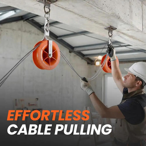Two Pack Heavy Duty Cable Pulley Featuring A 360 Degree Swivel Ring And Anti Friction Bearing For Smooth As Butter Operation With Rust Resistant Bracket Chamfered Edges Protect Your Lines During Everyday Rigging Tasks in use with cables.