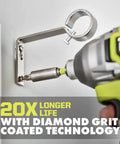 Ryobi green cordless drill close up driving screw into metal bracket