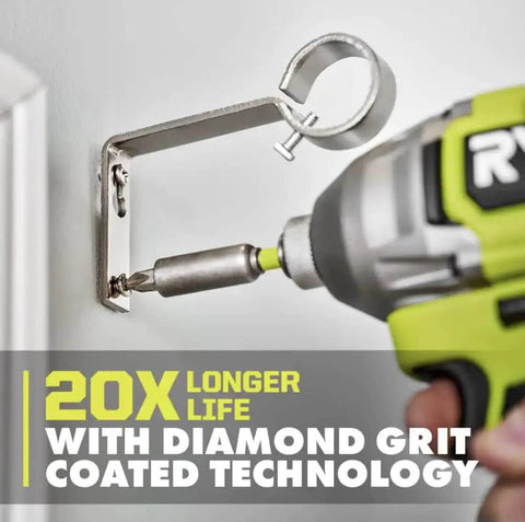 Ryobi green cordless drill close up driving screw into metal bracket
