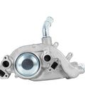Thermostat Engine Aluminum Water Pump For Chevy Silverado 1500 Tahoe Suburban Trailblazer Express GMC Sierra Yukon Cadillac Buick Hummer Isuzu V8 4.8L 5.3L 6.0L Drop In Replacement, showing front view of aluminum housing with mounted thermostat.