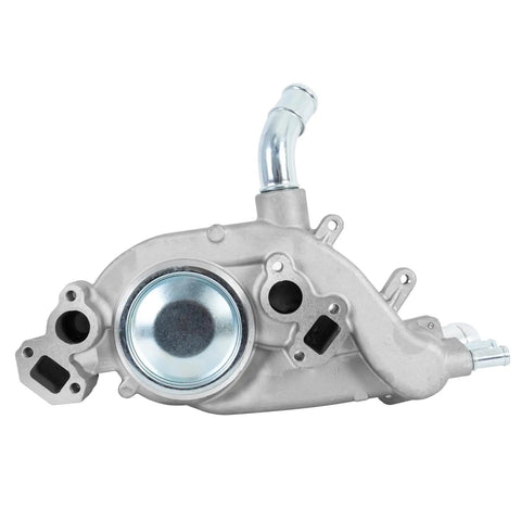 Thermostat Engine Aluminum Water Pump For Chevy Silverado 1500 Tahoe Suburban Trailblazer Express GMC Sierra Yukon Cadillac Buick Hummer Isuzu V8 4.8L 5.3L 6.0L Drop In Replacement, showing front view of aluminum housing with mounted thermostat.