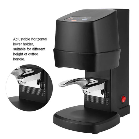 Top Shelf Electric Coffee Powder Tamper 58mm Portafilter Automatic Espresso Press black tamper with adjustable holder for coffee height.