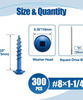 Exterior Pocket Hole Screws 8 By 1-1/4 Inch Coarse Thread Square Drive Washer Head Blue Coated Wood Screws 300 Count Includes 100mm Drive Bit High Hardness Carbon Steel Rust Resistant Built To Last For Outdoor Projects size diagram