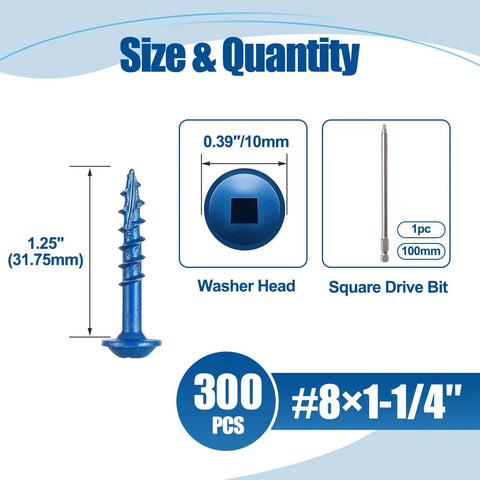 Exterior Pocket Hole Screws 8 By 1-1/4 Inch Coarse Thread Square Drive Washer Head Blue Coated Wood Screws 300 Count Includes 100mm Drive Bit High Hardness Carbon Steel Rust Resistant Built To Last For Outdoor Projects size diagram