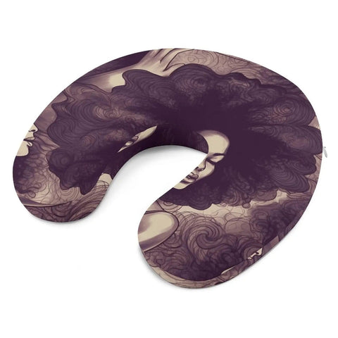 U Shaped Memory Foam Travel Neck Pillow For Black Women With Afro Textured Hair, featuring vibrant afro design and zip cover.
