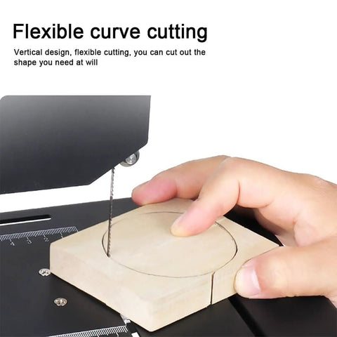 Desktop Woodworking Wire Saw With 800 Watt Motor And Hella Precise 1750 Rpm Speed For Smooth Straight Cuts And Top Notch Intricate Curves On Boards Or Bamboo Strips Up To 70 Millimeters Thick, cutting wood in a curved shape.