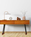 Oak-brown dresser with 4 Piece Modern Wood Furniture Legs For Cabinets And Dressers, Easy Install Bun Feet, Sturdy Oak Brown Finish.