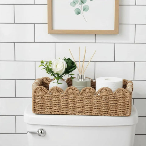 Totally Chic Scalloped Paper Rope Storage Basket With Ridiculously Sturdy Handle For Bathroom Decor And Over The Toilet Organization Super Handy Tissue Holder And Daily Essentials Organizer