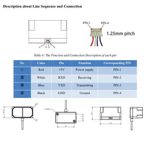 Technical diagram of Benewake TFmini Plus Lidar Range Finder Distance Sensor Waterproof IP65 showing pin connections and dimensions.