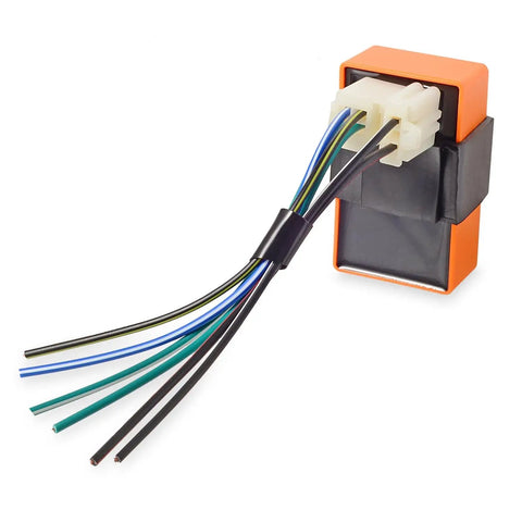 6 Pin AC CDI Box With Connecting Plug For CG 50cc 125cc 150cc 200cc 250cc Vertical Engine ATV Dirt Bike Go Kart Motorcycle Race Ready High Performance Replacement Part, showing front view with connecting wires and plug.