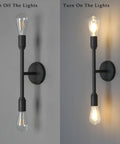 Two Light Vanity Sconce in Matte Black, Double Wall Light with E26 Base shown on and off on grey wall