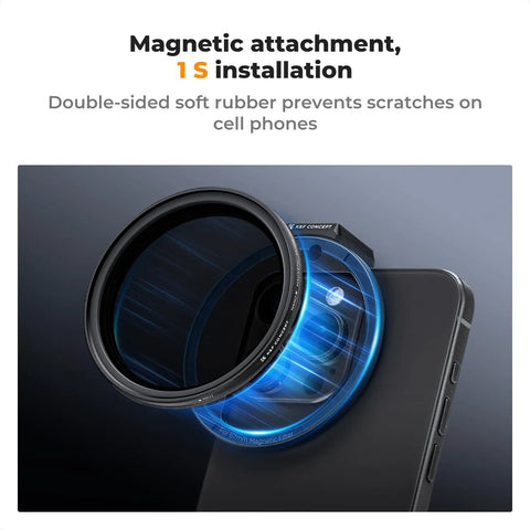 Magnetic installation of Clip On 67mm Variable ND2 32 Magnetic Phone Lens Filter Kit with Magnetic Clip on smartphone
