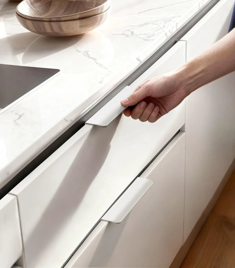 Flat White Modern Cabinet Handles 3 Inch Overall Length Edge Hidden Finger Pulls Invisible Hardware For Drawers Closets Dressers Kitchen And Bathroom Pack Of 10 Easy Installation Screws Included installed in kitchen drawer