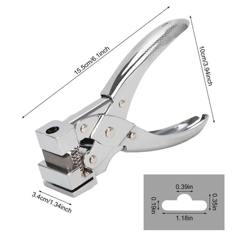 Heavy Duty T Slot Hole Punch Handheld Tool For ID Cards Plastic Cardstock Cardboard And PVC with dimensions and zinc alloy construction