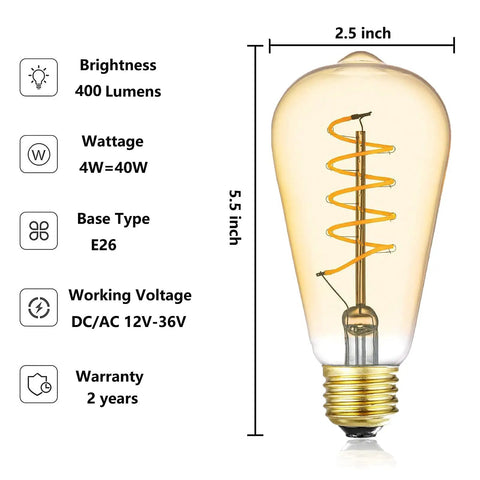 Low Voltage 12V LED Edison Bulbs 40W Equivalent Amber Glass Vintage Spiral Filament With E26 Base For RV 2700K Warm White