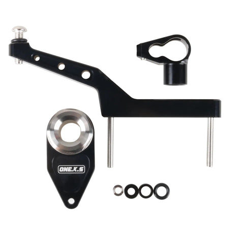 Kawasaki Ninja ZX-6R CNC Stabilizer Damper Beefed-Up Complete Steering Mounting Bracket, black aluminum parts on white background.