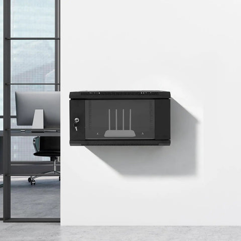 Legit Heavy Duty Wall Mount Network Server Cabinet For Organizing Tech Gear Including Switches Routers And Patch Panels With Solid Steel Frame In A Sleek 6U Rack Box mounted on a wall in an office environment.