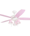 48 Inch Princess Style Indoor LED Ceiling Fan With Light, pink and white fabric shades, five dual finish blades, chandelier accents