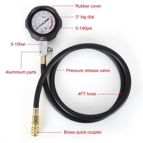 QUNNIE oil pressure tester kit with 3-inch dial gauge, 0–140 psi, aluminum body, 4 ft hose, brass quick coupler