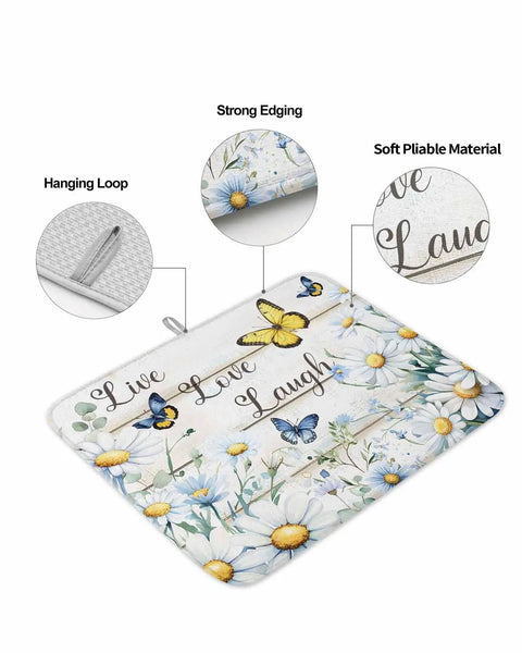 Pastoral Daisy And Butterfly Dish Drying Mat For Kitchen White Wood Grain Absorbent Counter Pad Soft Polyester For Dishes Utensils