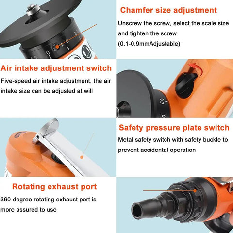 Bainuo Mini Portable Pneumatic Chamfering Machine For Metal Trimming And Deburring 45 Degree Arc Corner Tool showcasing adjustment features.