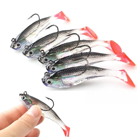 Five Piece Soft Plastic Fishing Lure Set, 8Cm T Tail Bait With 3D Eyes And Sharp Treble Hooks, held in hand display