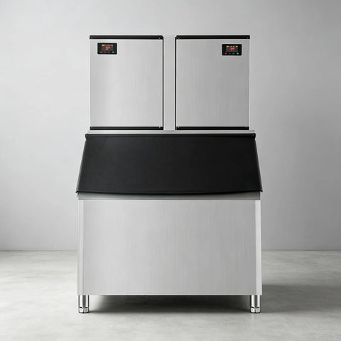 Heavy Duty Commercial Ice Maker Pumping Out Crisp Clear Cubes On The Fly With Stainless Steel Frame And Roomy Storage Bin.