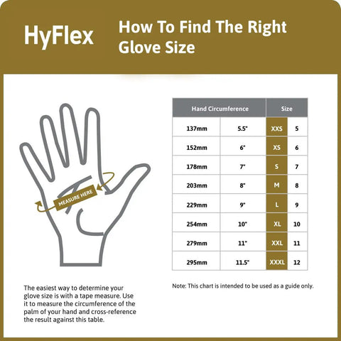 Sizing chart for Cut Resistant Nylon Spandex Work Gloves For Machinery And Auto Shops Intercept Tech, size XL highlighted