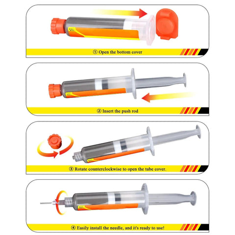 Instructions for using Lead Free Solder Flux Paste For PCB Repair And Electronics High Performance Soldering Flux Compound syringe.
