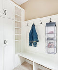 Heavy Duty Five Layer Hanging Closet Organizer With Clear View Window And Tough Rust Resistant Steel Hook For Straight Up Wardrobe Storage And No Sweat Travel Packing displayed in a modern entryway.
