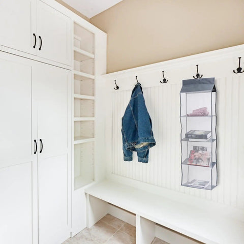 Heavy Duty Five Layer Hanging Closet Organizer With Clear View Window And Tough Rust Resistant Steel Hook For Straight Up Wardrobe Storage And No Sweat Travel Packing displayed in a modern entryway.