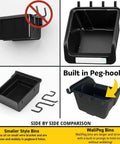 Comparison of smaller style bins and WallPeg bins, showing built-in peg hooks on WallPeg bins for pegboard organization.