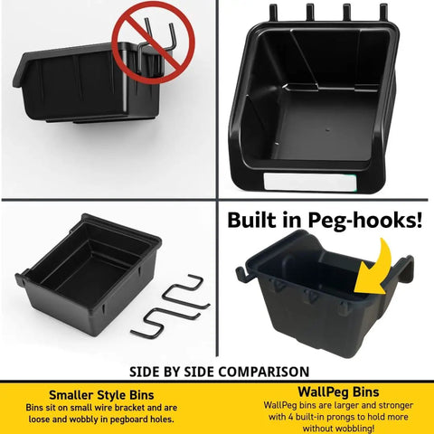 Comparison of smaller style bins and WallPeg bins, showing built-in peg hooks on WallPeg bins for pegboard organization.