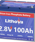 12.8V 100Ah LiFePO4 Battery, Group 24, front view, branded Lithova with red label highlighting 1280Wh capacity.