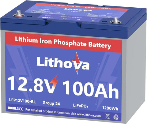 12.8V 100Ah LiFePO4 Battery, Group 24, front view, branded Lithova with red label highlighting 1280Wh capacity.