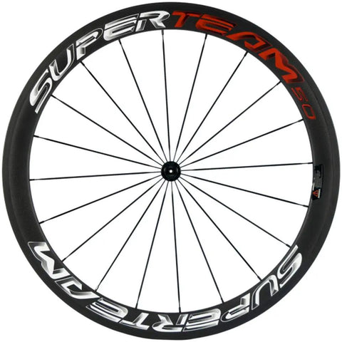 Toray T700 Carbon Fiber 50mm Clincher Wheelset for 700C Road Bikes with 23mm rim, 3K red and white 3D decal, front view