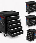 Heavy Duty Steel Rolling Tool Chest With Smooth Glide Wheels And Lockable Five Drawer Mobile Cart shown with drawers open and closed.