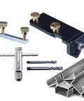 Premium Aluminum Extrusion Tap Guide Adjustable Universal Drill Jig For Metalworking with tools and steel profiles shown.