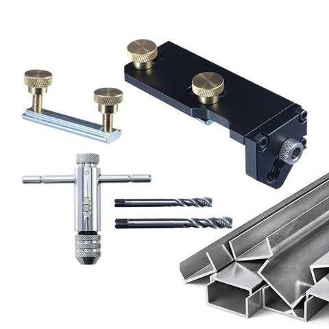 Premium Aluminum Extrusion Tap Guide Adjustable Universal Drill Jig For Metalworking with tools and steel profiles shown.