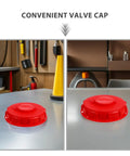 Two Pack Red Abs Ibc Container Lid Covers With Vent Holes And Valve Caps For Secure Sealing Quick Liquid Access Smooth Flow Protection On 550 Gallon Water Barrels, showcased from two angles on a work surface.