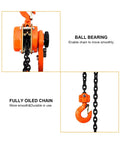 Orange lever chain hoist with black chain and hook, 1.5 ton capacity, side view