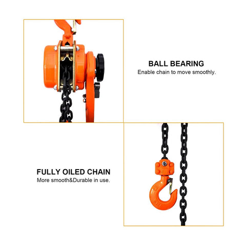 Orange lever chain hoist with black chain and hook, 1.5 ton capacity, side view