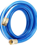Blue PVC garden hose, 3/4 in x 15 ft, brass male/female fittings, coiled