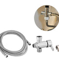 Toilet Bidet Attachment Kit With Hot And Cold Water Diverter Valve, flexible hose, T-shape adapter, fitting detail inset