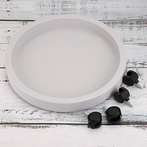 13 Inch Plant Caddy With Four Wheels For Heavy Planters And Deck Use, durable PP resin base and black wheels on a wooden surface