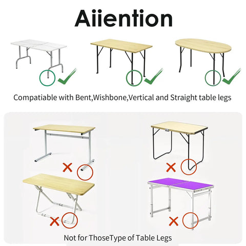 Heavy Duty Adjustable Table Risers Four Pack Foldable Table Leg Extenders image showing compatible and incompatible table leg types.
