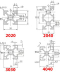 Heavy Duty 2pcs T-Slot Aluminum Profile Extrusion Frame Kit For 2020 3030 4040 Systems, detailed dimensions of profiles 2020, 3030, 4040.